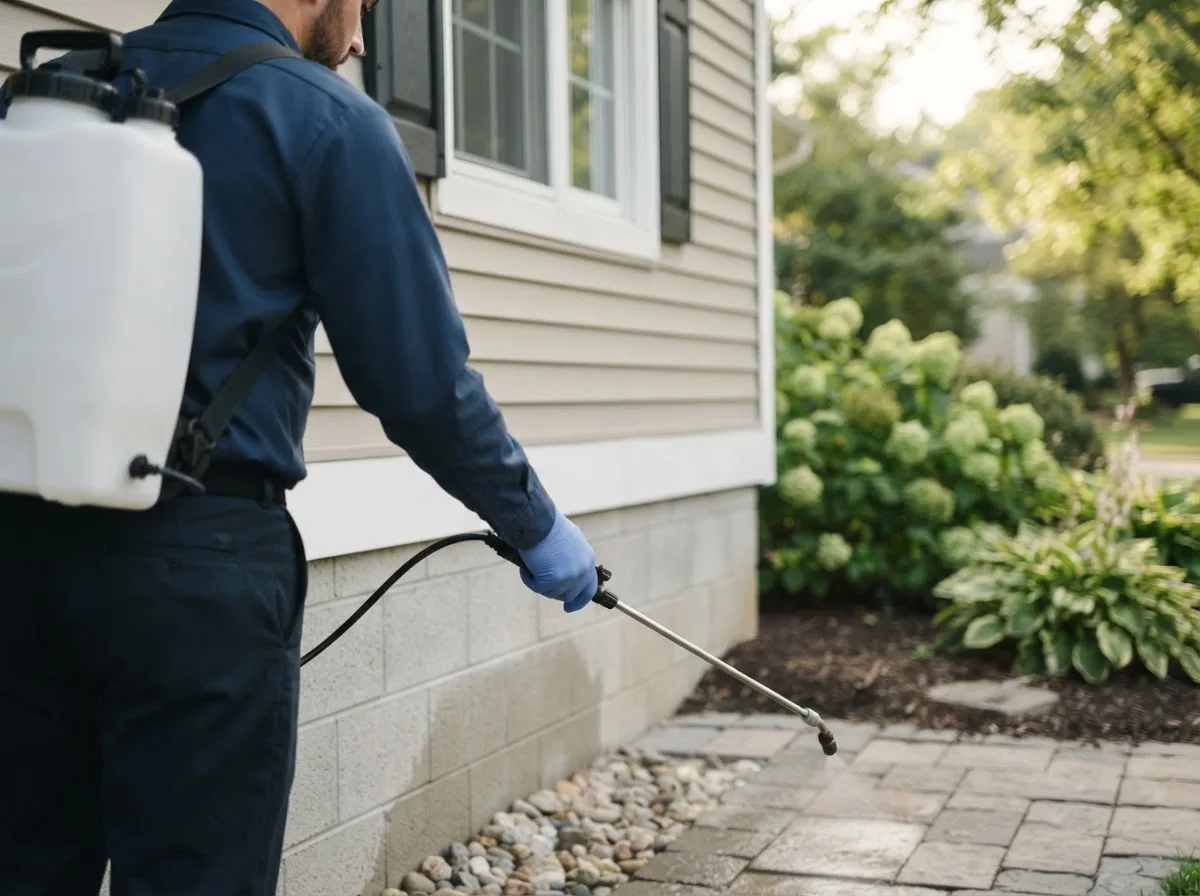 Pest control technician inspecting a home in Greentop, MO